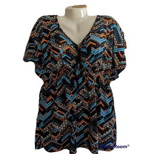 No Boundaries Black Orange Blue Geometric Chevron V Neck Tunic Blouse Top XL